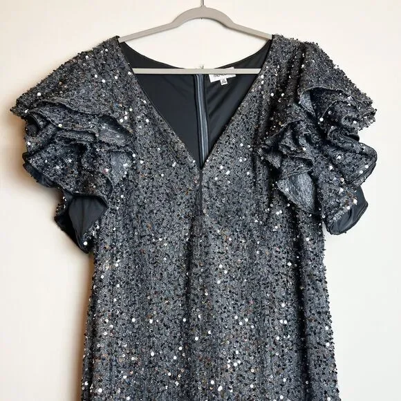 Faeriesty Silver Gray Sequin Formal Gown Bodycon Oversized Ruffle Sleeves Sz 3XL - Picture 2 of 12